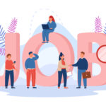 Recrutement 2 Tiny people searching for business opportunities. Interview with company supervisor, word job in background flat vector illustration. Employment, HR concept for website design or landing web page